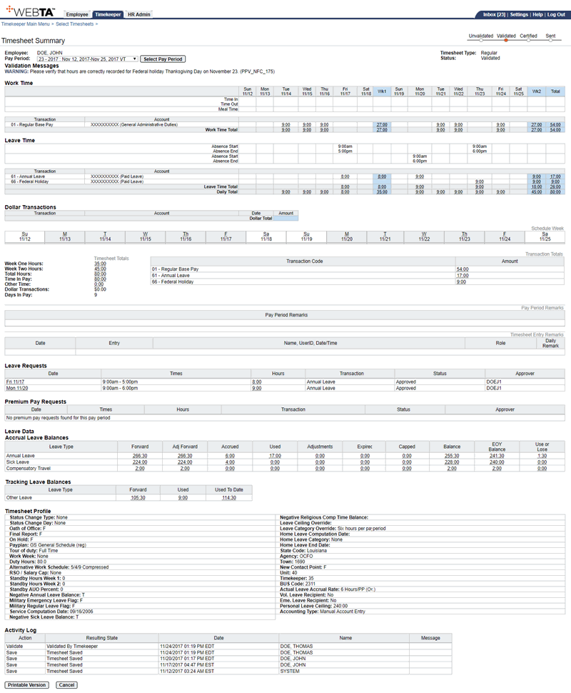 Timesheet Summary Page